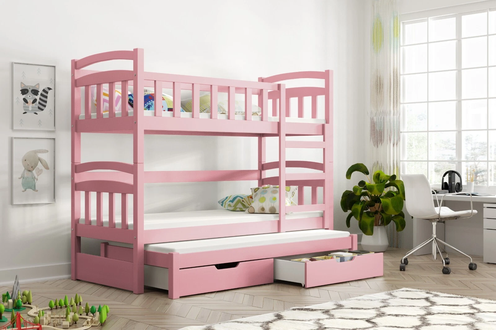 Kids triple trundle Bunk bed Damien 2 drawers real